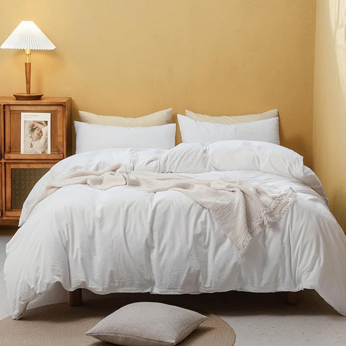 FOSSA White Duvet Cover Set, 100% Washed Cotton Linen Feel Super Soft Breathable Cozy 3 Pieces Bedding Sets Solid Off White Oversized Queen