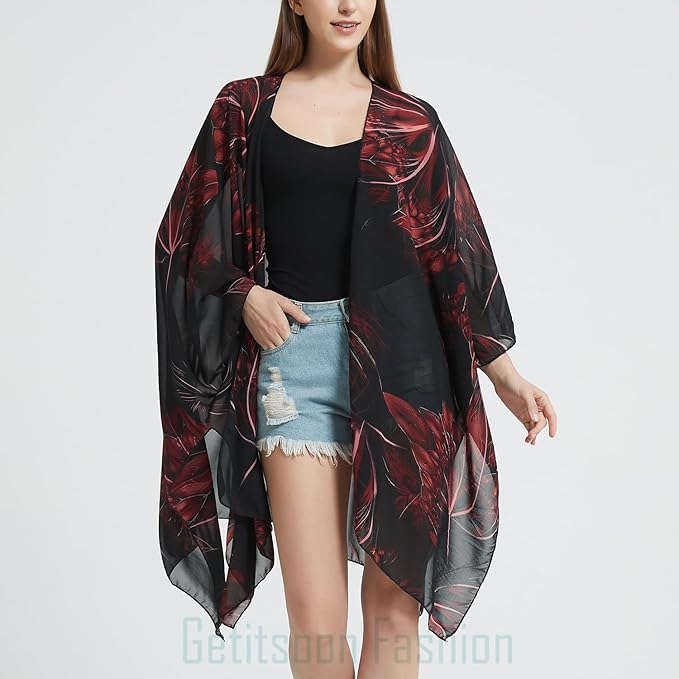 Women's Bohemian Floral Chiffon Beach Cover up Swimsuit Kimono Summer Swimwear Cardigans