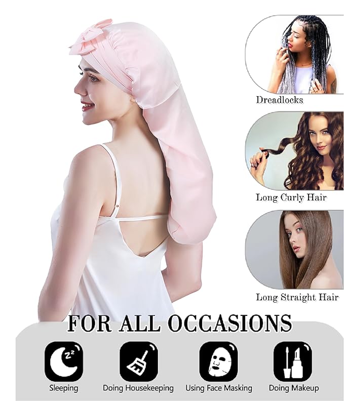 Cocheng Mulberry Silk Bonnet for Sleeping Long Silk Cap for Curly Hair Braids Bonnet for Women Sleep Cap with Tie Band
