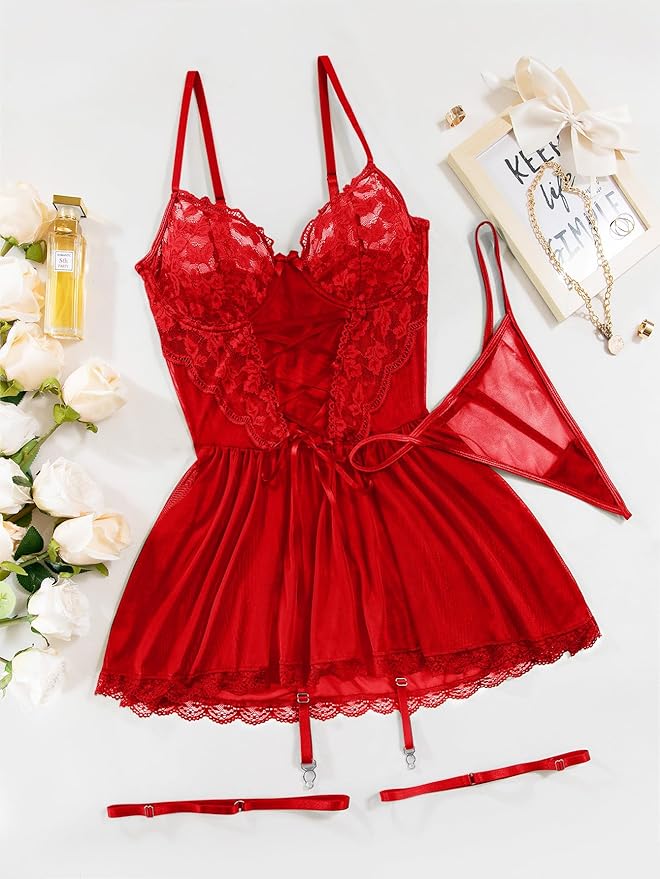 Lilosy Sexy Garter Belt Mesh Lace Babydoll Lingerie Dress Set with Thong