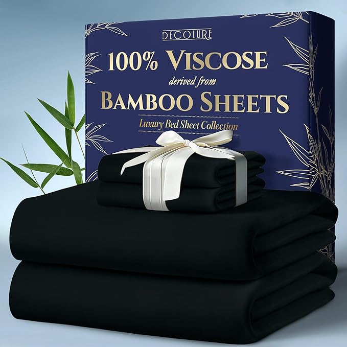 DECOLURE 100% Viscose Derived from Bamboo Sheets Cal King Size 4pcs - Ultra Soft & Luxuriously Cooling, 17" Deep Pocket, Double Stitching, Perfect for Hot Sleepers - King Bed Sheets (Black)