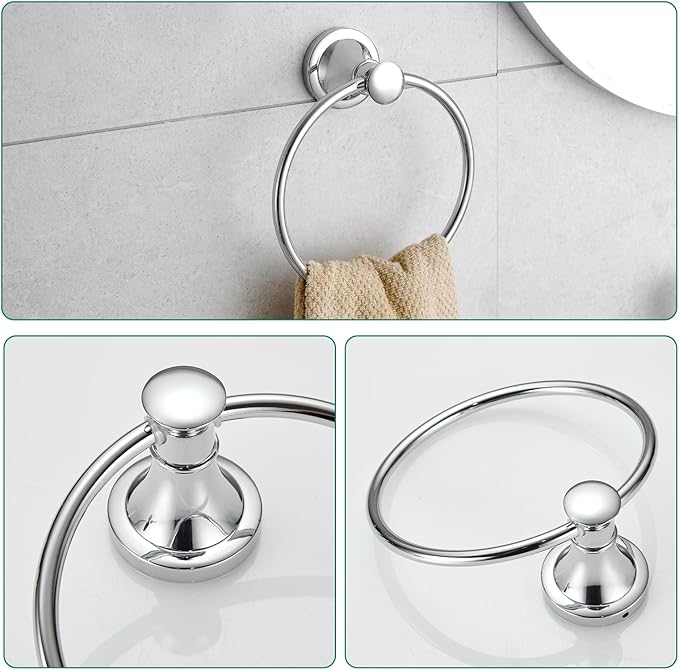 Hoimpro Chrome 4-Piece Bathroom Bath Set, Wall Mount Bathroom Hardware Fixture (Adjustable Towel Bar Rack, Towel Ring Holder, Paper Towel Holder, Double Towel Hook), Bathroom Accessories