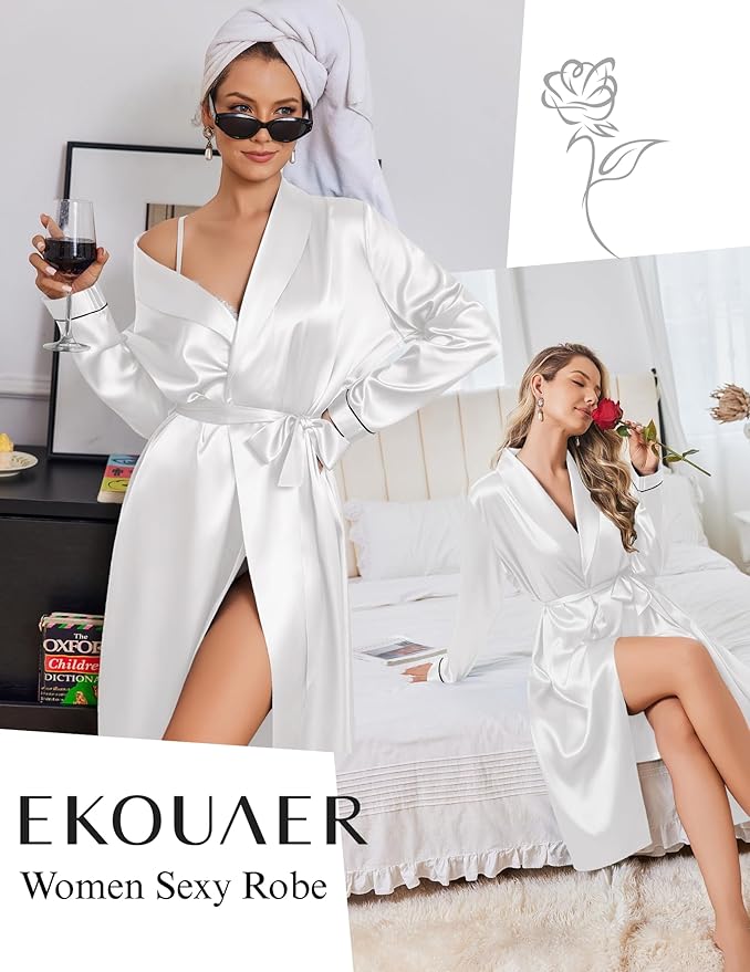 Ekouaer Silk Robes for Women Shawl Collar Satin Bathrobe Long Bride Wedding Party Robe Lightweight Sexy Sleepwear S-XXL