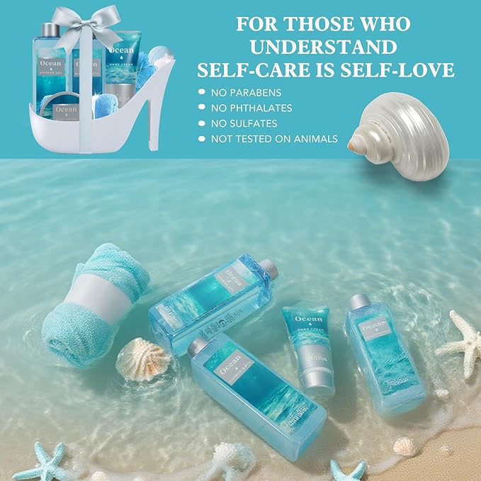 Ocean Bliss Christmas Gifts for Women Spa Basket, High Heel Bath Set with Sea Salt Scrub & Refreshing Gel, Birthday, Anniversary Gifts for Her, Best Friend, Sister