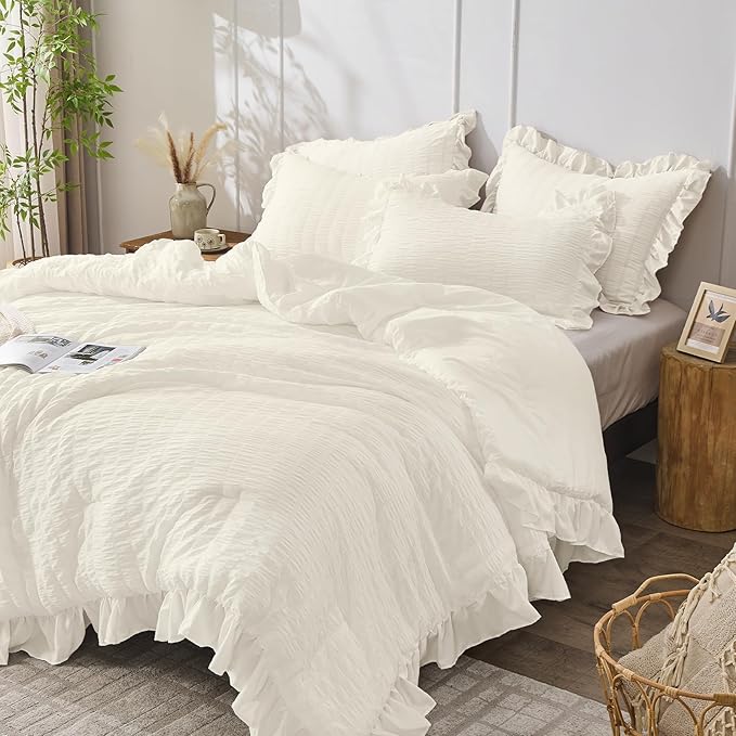 JOLLYVOGUE Ivory Comforter Full Size, 3 Pieces Seersucker Lightweight Full Size Bedding, All Season Fluffy Microfiber Bedding Comforter Set with 1 Ruffle Comforter and 2 Ruffle Pillowshams