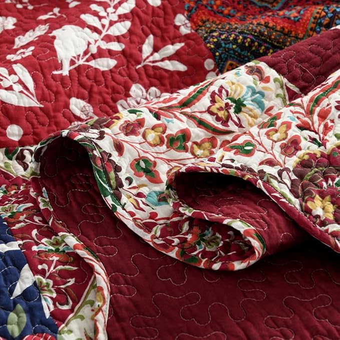 Cotton Bedspread Quilt Bedding Sets 3 Pieces Reversible Coverlet Sets Comforters Gorgeous Paisley Floral Patchwork Red Bedspread, Queen Size