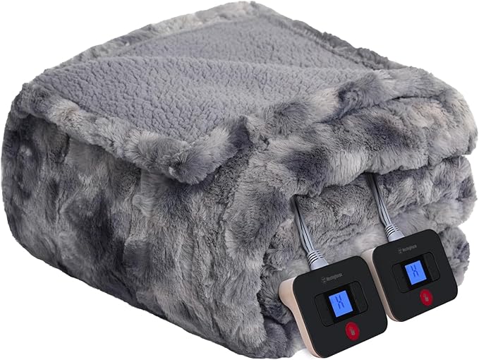 Westinghouse Electric Blanket Queen, Faux Fur Heated Blanket with 10 Heating Levels & 1-12 Hours Auto Off, Soft Cozy Sherpa Heated Blanket Washable Blanket (84" x 90" Queen Size, Grey)