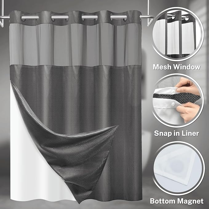 No Hook Shower Curtain with Snap in Liner Set Waffle Shower Curtain for Bathroom Hotel Style Fabric Waterproof Inner Liner，71" W x 80" H, Dark Grey