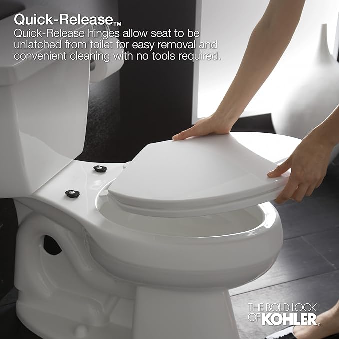 KOHLER K-4636-7 Cachet Elongated, Grip-Tight Bumpers, Quiet-Close Release Hinges, Quick-Attach Hardware, No Slam Toilet Seat, Black