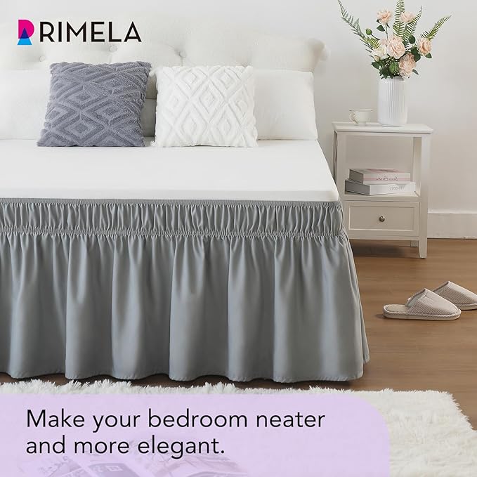 RIMELA Light Grey Bed Skirt King Size 12 Inch Drop, Elastic Bed Skirting for Bed Base and Frame, Bedding Dust Ruffle Easy to Install, Lightweight Wrap Around Adjustable Bedskirt