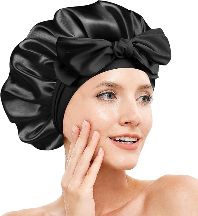 Silk Bonnet for Sleeping Women, Adjustable Soft Satin Lined Bonnet with Tie Band, Double Layer Sleep Night Cap