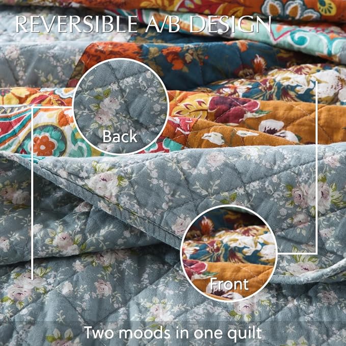 Cotton Bedspread Quilt Bedding Sets 3 Pieces Reversible Coverlet Sets Comforters Luxury Paisley Floral Patchwork Brown Bedspread, King Size