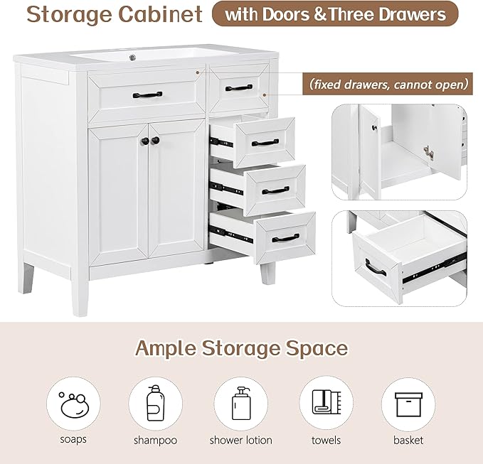 Favfurish 36" Bathroom Vanity with Sink Combo,Bathroom Vanity Cabinet with Two Soft-Closing Doors and Four Drawers,Free Stading Vanities w/Modern Design,for Bathroom,Easy Assembly,White