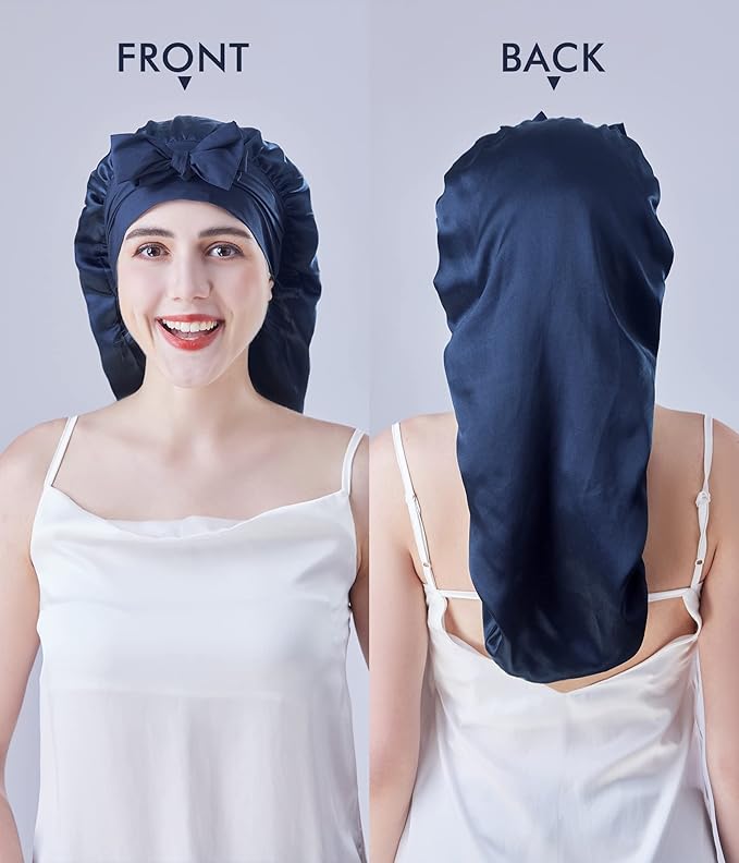 Cocheng Mulberry Silk Bonnet for sleeping long Silk Bonnet for Curly Hair Braids Cap for Women Silk Cap with Tie Band
