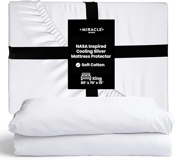 Miracle Made Mattress Protector – Silver-Infused Cotton Fabric – Water-Resistant, Thermoregulating Cover for Sensitive Skin – Compatible with 3-Temperature Zone Comforter, King, White