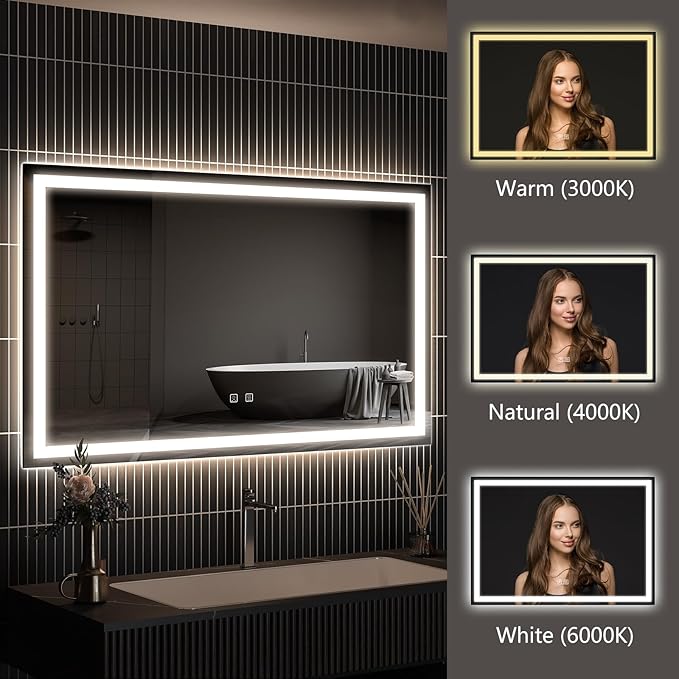 APRILSOUL 36x28 Inch LED Bathroom Mirror with Front and Backlit, Makeup Mirror with 3 Color Lights, Anti-Fog and Dimmable Light (Horizontal/Vertical)