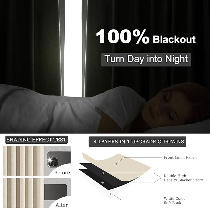 Topfinel 102 Inches Long Cream Colored Custom Total Blackout Linen Curtains, Tan Pinch Pleated Curtains with Pin Hooks for Traverse, Burlap Viral Drapes 2 Panels for Living Room Master Bedroom