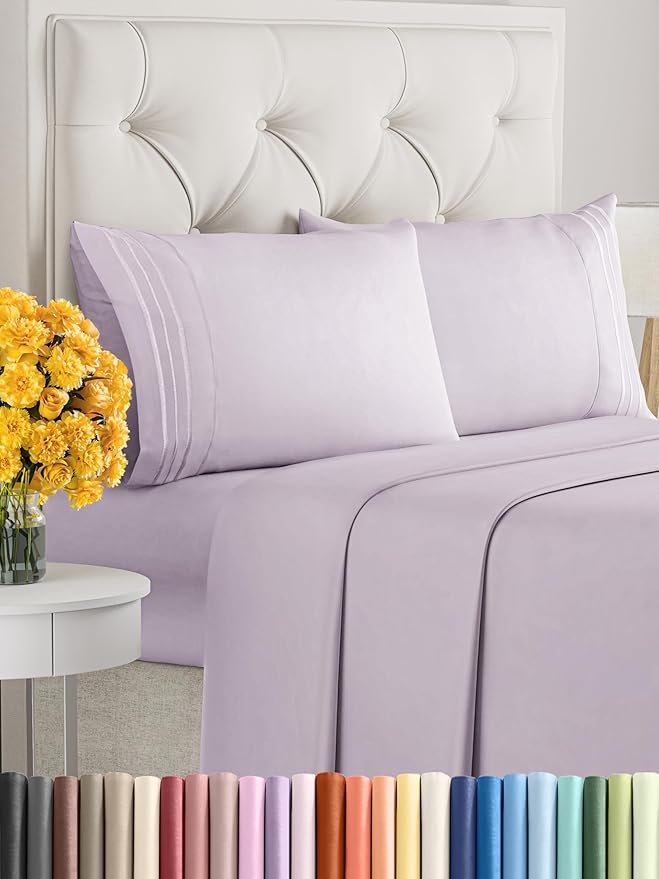 Queen Size 4 Piece Sheet Set - Extra Soft, Breathable and Cooling - Hotel Luxury Durable Bed Sheets for Women & Men - Deep Pockets, Easy-Fit & Wrinkle-Free - Light Lilac Oeko-Tex