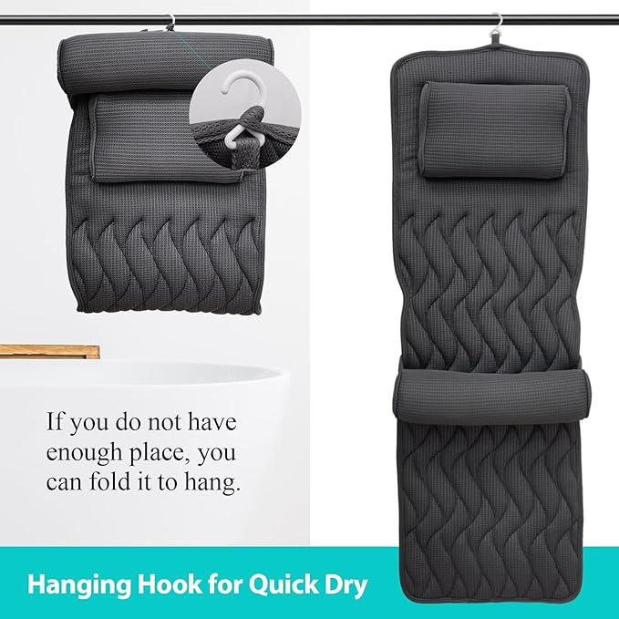 AEROiVi Full Body Bath Pillow with Adjustable Lumbar Roll Pillow Bathtub Cushion with 14 Suction Cups 3D Air Mesh Fit Any Tub Gray Bathroom Accessories