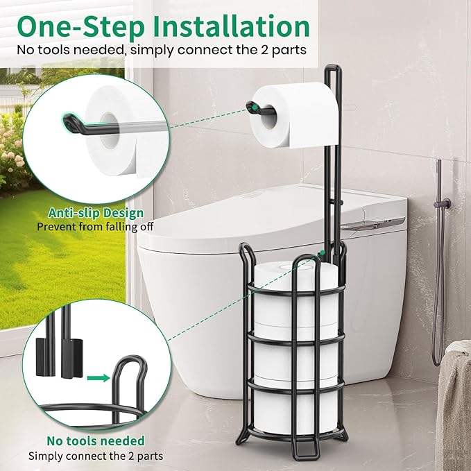 TomCare Toilet Paper Holder Toilet Paper Stand and Dispenser for 3 Spare Rolls Metal Wire Free-Standing Toilet Tissue Paper Roll Storage Shelf Bathroom Accessories Storage Organizer Black