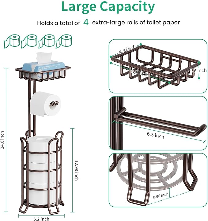 TomCare Toilet Paper Holder Upgraded Toilet Paper Stand with 4 Raised Feet Metal Free Standing Tissue Paper Roll Dispenser with Storage Shelf Sturdy Bathroom Accessories (Bronze)