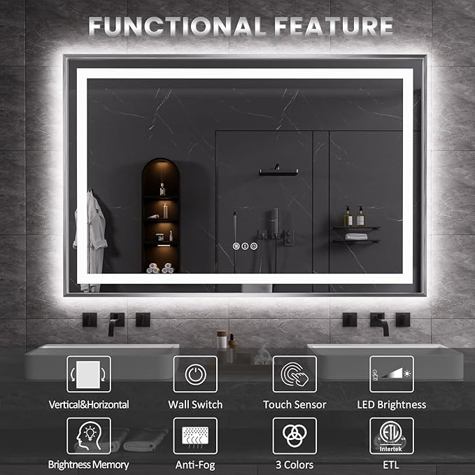 Amorho 44" X36" LED Bathroom Mirror, Brushed Nickel Framed Mirror with Front Light and Backlit, Stepless Dimmable, Anti-Fog, Shatter-Proof, Memory, 3 Colors