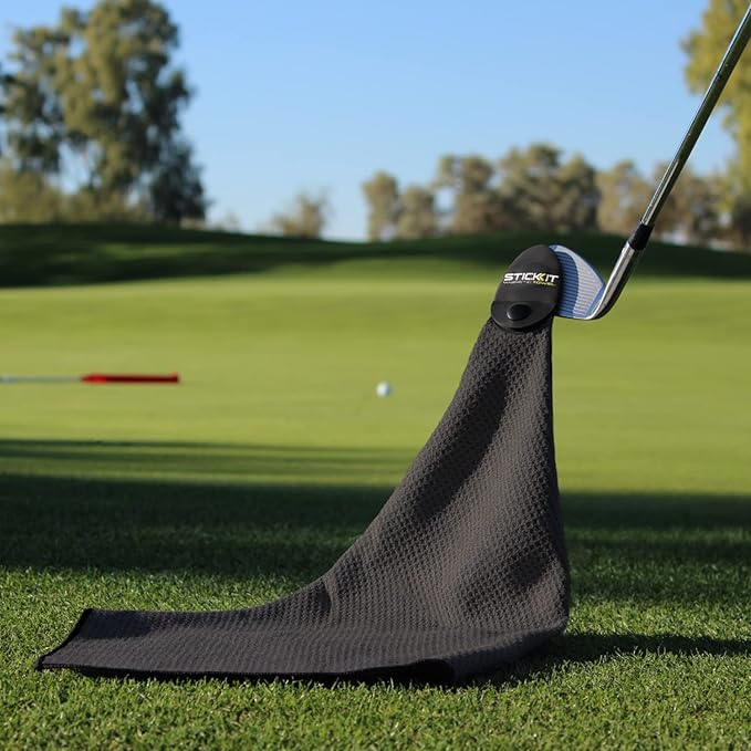 STICKIT Magnetic Towel, Black | 2-Pack | Top-Tier Microfiber Golf Towel with Deep Waffle Pockets | Industrial Strength Magnet for Strong Hold to Golf Carts or Clubs