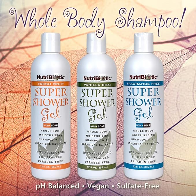 NutriBiotic – Fragrance-Free Super Shower Gel, 12 Oz Twin Pack | Whole-Body Moisturizing Shampoo with GSE & Botanical Extracts | pH Balanced & Free of Gluten, Parabens, Sulfates, Dyes & Colorings