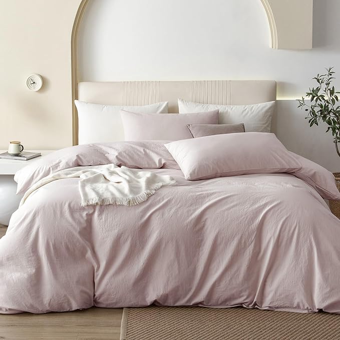 JIYUAN 100% Washed Cotton Duvet Cover Set 3 PCS Super King Plus, 1 Duvet Cover 120"x120" (Comforter Not Included) and 2 Pillowcases,Linen Feel Bedding Set Comfy and Breathable, Heathered Greyish Pink