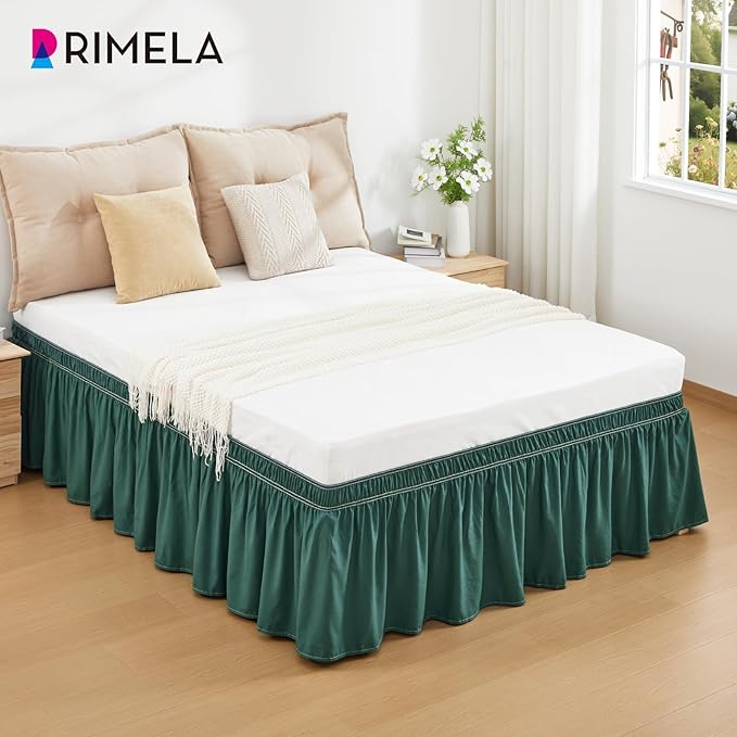 RIMELA Emerald Green Bed Skirt Queen Size 18 Inch Drop, Wrap Around Elastic Bedskirt, Dust Ruffle for Adjustable Bed Base Machine Washable Easy to Install Bed Skirts