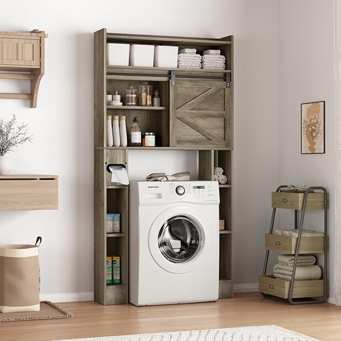 Over The Toilet Storage Cabinet, 32.5'' Wide Bathroom Storage Cabinet with Sliding Barn Door, Freestanding Over Toilet Storage Shelf, Grey