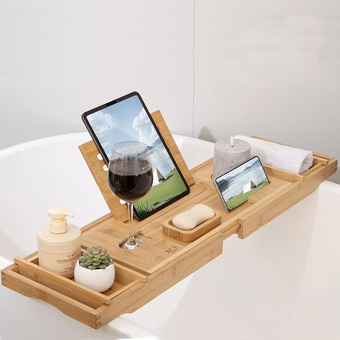 XcE Bathtub Caddy Tray Expandable to 105cm with Bamboo Book Stand and Soap Tray, Natural