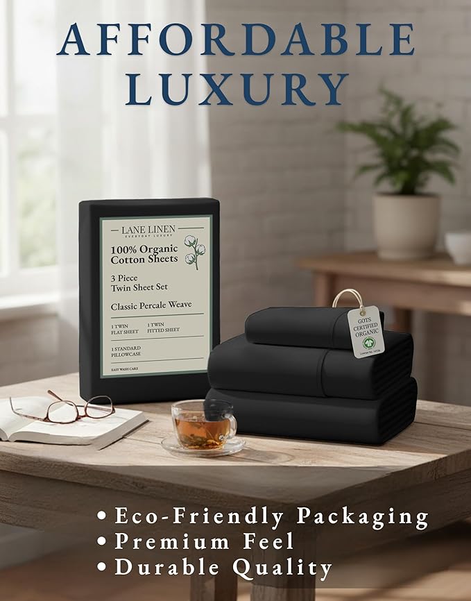 LANE LINEN 100% Organic Cotton Twin Bed Sheet Set, 3 Pc Twin Size Sheets Set, Soft & Breathable Twin Sheet Set Boys, Hotel Style Bedding Sheets & Pillowcases, 15" Deep Fitted Sheet - Black