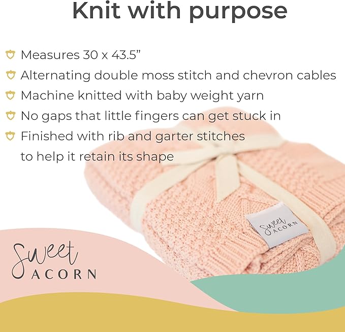 Knit Baby Blanket in Cable Pattern, Organic Cotton Blankets for Crib or Stroller, Receiving Blankets - Dahlia Pink