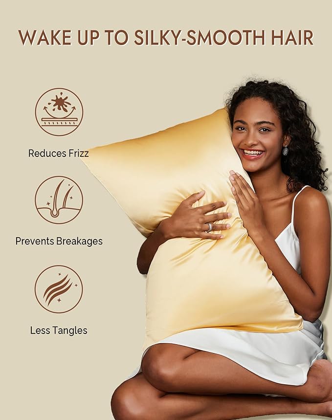 SilkSilky 100% Mulberry Silk Pillowcase - Pure 22 Momme High-Grade 6A Fibers for Hair & Skin, Envelope Closure, Natural, Organic, Breathable & Cooling Pillow Case (King, Champagne)