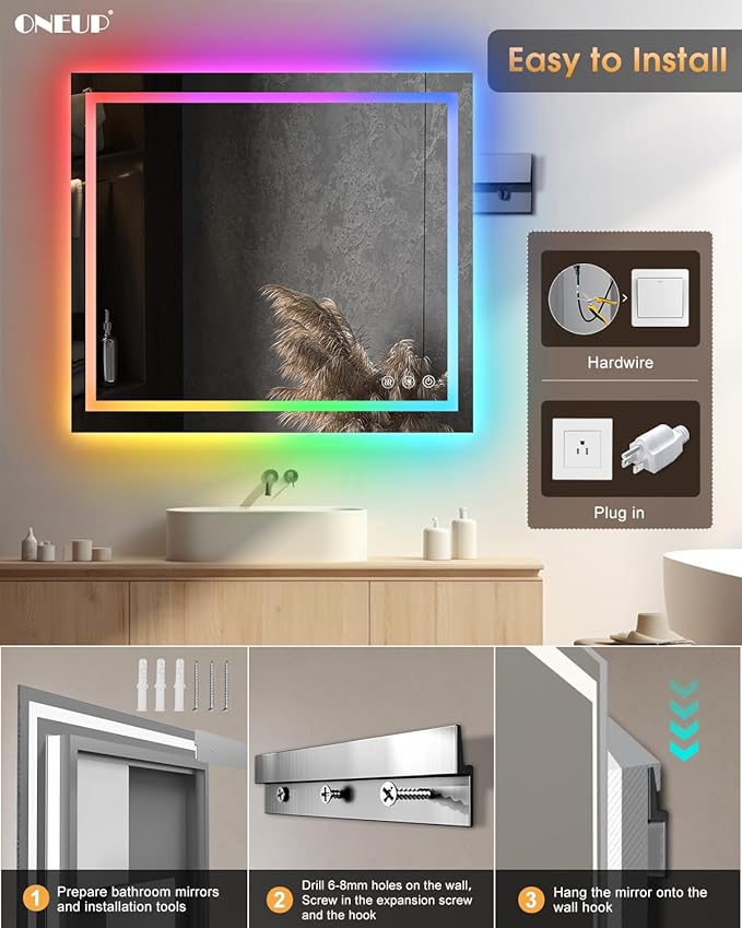 oneup 40x36 Inch Bathroom Mirror with Lights,RGB Color Changing LED Bathroom Mirror,Anti-Fog Wall-Mounted Vanity Mirrors,Smart Dimmable Multicolor Lighted,IP54 Waterproof (Horizontal/Vertical)
