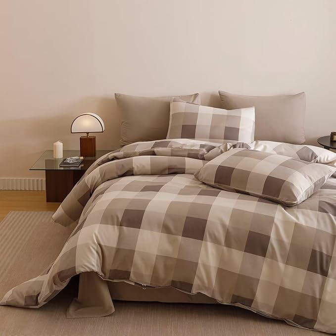 Cottonight Checkered Khaki Comforter Set Cal King Gingham Grid Bedding Set Khaki and Cream Coffee Grid Comforter Fluffy Soft Blanket Quilts Modern Cottagecore Comforter California King Bed