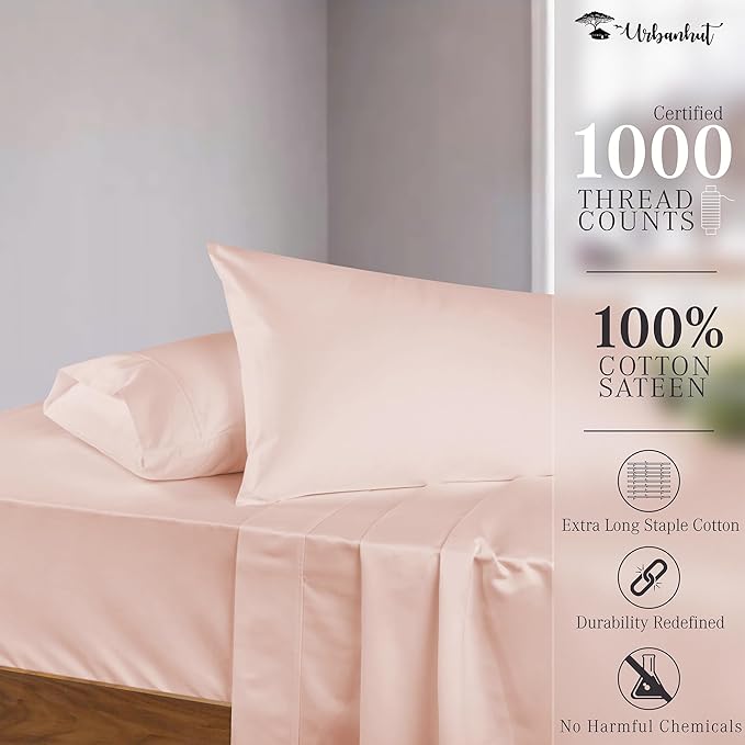 URBANHUT Queen Size Sheets 100% Pure Cotton, 1000 Thread Count 4 Pc Bed Sheet Sets, Soft & Breathable, Luxury Hotel Sheets Fits 16" Elasticized Deep Pocket, Sateen Weave, Solid - Blush Pink