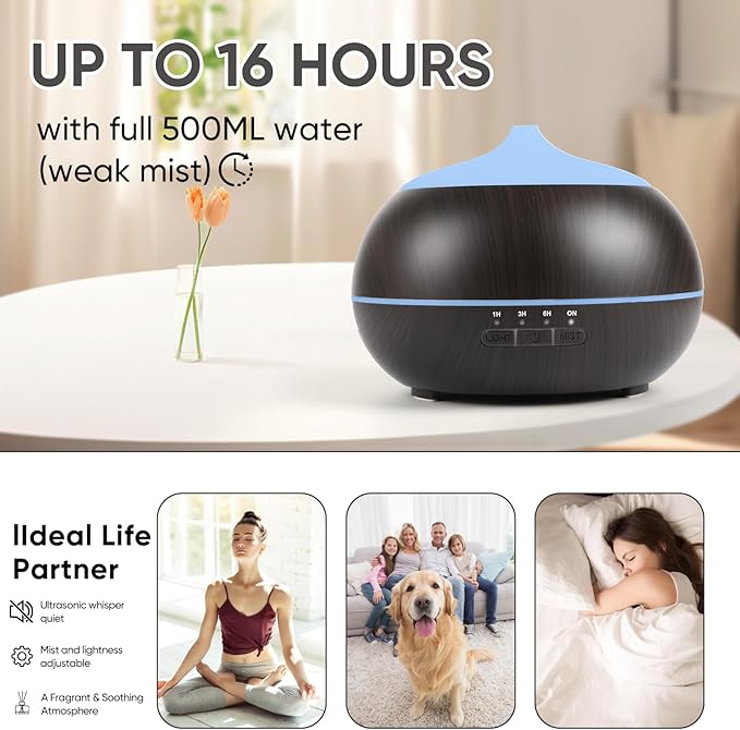 HAPPTWS 500ML Essential Oil Diffuser - BPA Free Ultrasonic Aromatherapy Diffuser, with 7-Color Lights Waterless Auto Shut Off for Home、Room、pet Room - Black