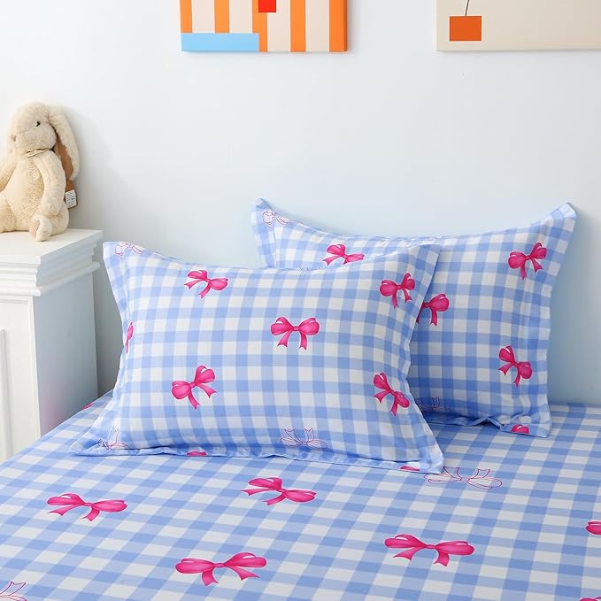 Wajade Bow Comforter Set 7 Piece Blue White Plaid Comforter Sets for Girls Kids Full Size Checkered Bedding Set with Sheet and 2 Pillowcases 2 Pillow Shams Cute Girls Bed in a Bag as Birthday Choice