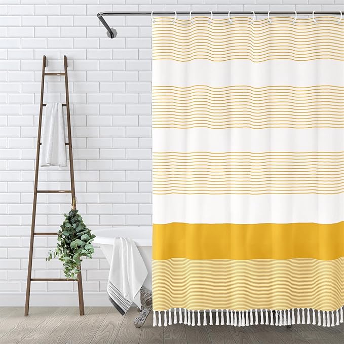Awellife Boho Yellow Shower Curtain for Bathroom Farmhouse Cotton Stripe Tassel Shower Curtain Natural Texture 72" L x 48" W