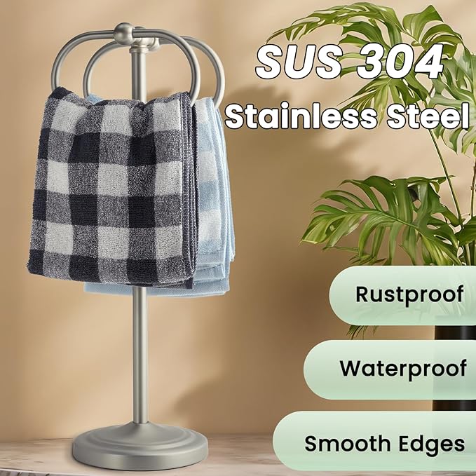 17 Inch Stainless Steel Hand Towel Holder Double Stand Hand Towel Ring for Washcloths or dishcloths Non-Slip Base Free Standing Towel Rack for Bathroom Kitchen (Brushed)