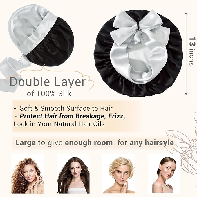 Non-Slip 100% Mulberry Silk Bonnet for Sleeping Women - Double Layer Silk Hair Wrap for Curly Hair, with Tie Bands to Secure the Cap (Black+Silver)