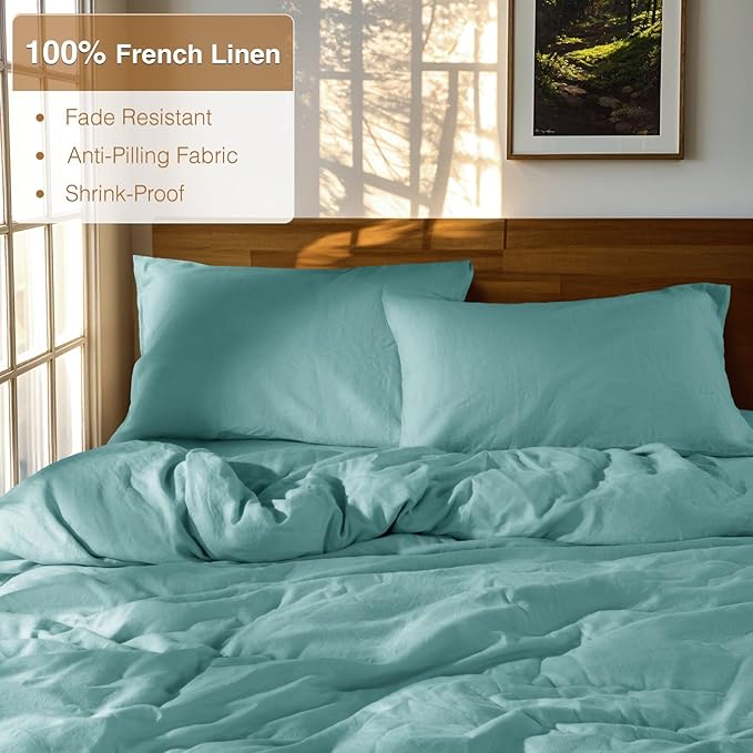 SONORO KATE 100% French Linen Duvet Cover King Size, Soft Breathable for Hot Sleepers, Moisture Wicking & Durable Cover Set - Zipper Closure & 4 Corner Ties Duvet Covers 3 Piece (Aqua,King)