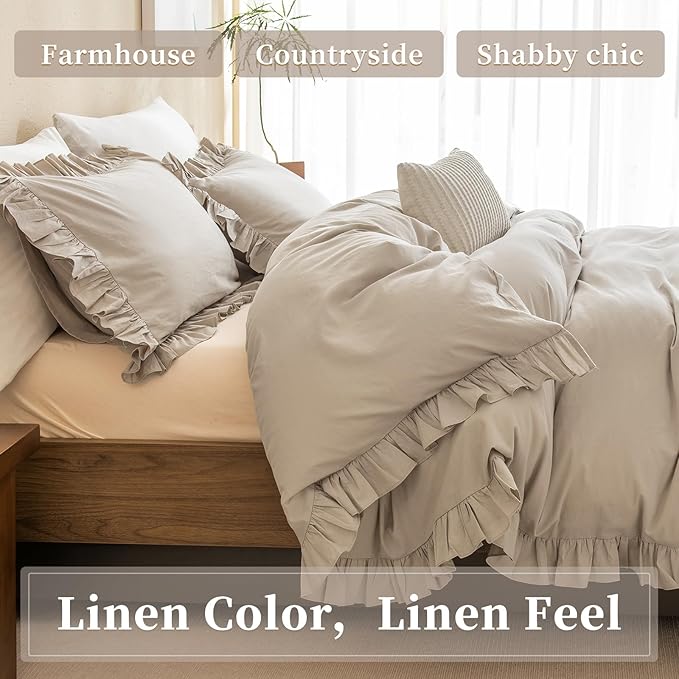 QSH Washed Cotton Duvet Cover King Ruffle Duvet Cover Linen Textured Farmhouse Shabby Vintage Chic Bedding Comforter Cover 3 PCs Aesthetic French Country Vintage King Bedding