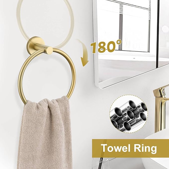 5 Pieces Brushed Gold Towel Bar Set, Upgraded Round Bathroom Hardware Accessories Set, Toilet Paper Holder Towel Holder Set for Bathroom Stainless Steel Wall Mounted 23.6Inch