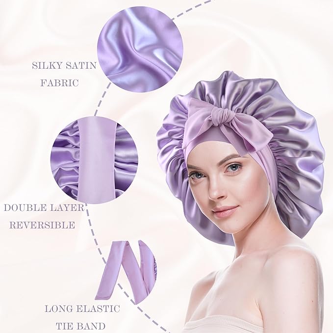 Silk Bonnet for Sleeping Women Satin Bonnet Double Layer Night Sleep Cap with Elastic Tie Band for Curly Natural Hair