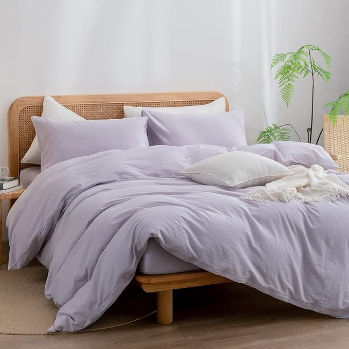 BESTOUCH Duvet Cover Set 100% Washed Cotton Linen Feel Super Soft Comfortable Chic Lightweight 3 PCs Home Bedding Set Solid Taro Purple King