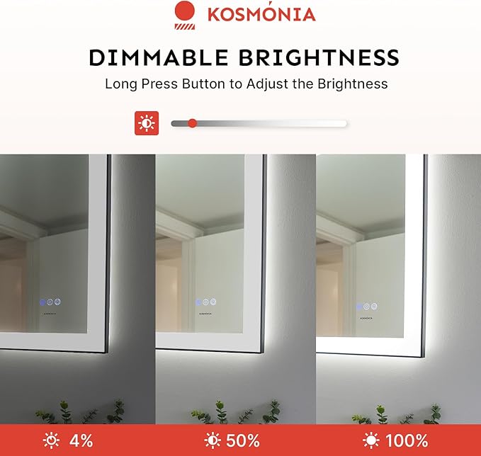 32x40'' LED Bathroom Mirror w/Light, Aluminum Frame, Dimmable Front & Backlit, Anti-Fog, Distortion Free, Light Memory, Tempered & Shatter-Proof Wall Mounted Vanity Silver Coating Mirror