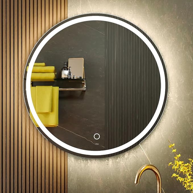KWW 24 Inch Large Modern LED Round Bathroom Vanity Mirror, Color Temperature Adjustable, Anti-Fog Dimmable Lights, Easy to Install, Wall Mounted Makeup Mirror with Smart Touch Button